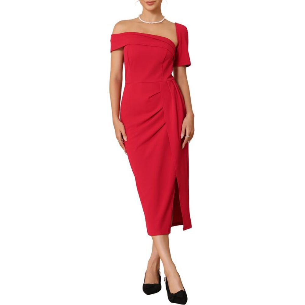 Women's One Shoulder Cocktail Dress Split Hem Wedding Guest Dress Red